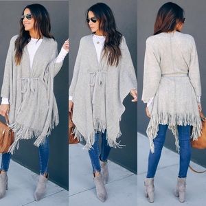 Vici Gray Belted Fringe Ruana